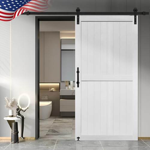 S&Z TOPHAND® 40in x 80in MDF Barn Door with 6.6FT Sliding Door Hardware Kit, 24-60in Solid Barn Door Slab Covered with Water-Proof PVC Surface, (J Shape)