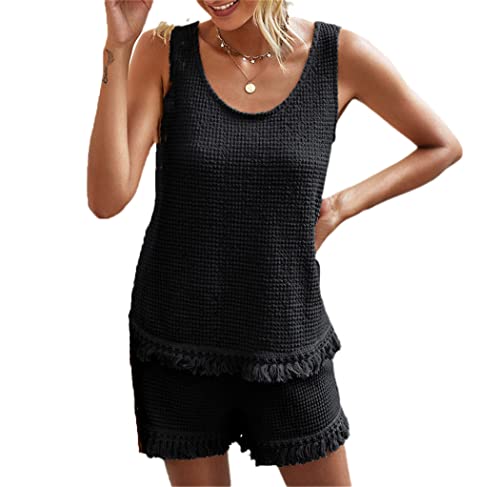 Ensemble court femme été vêtement léger noir à pompons taille S