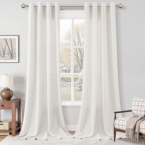 Image of Nanspring Ivory White Linen Curtains 102 Inches Length for Living Room Extra Long 2 Panels Grommet Light Filtering Farmhouse Large Sheer Window Drapes Flax Burlap Soft Curtain for Sliding Glass Door