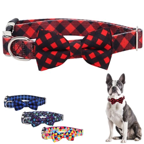Dog Collars for Puppy Small Medium Dogs with Red Buffalo Plaid Bow Tie Design, Adjustable Soft Pet Collar for Dogs XS Small Medium Large (Red Plaid L) 23 L (Neck 16"-22")