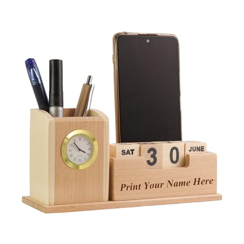 Image of SHIVOM CRAFTS Wooden Desk Organizer with Clock and Calendar, Pen Stand, Mobile Phone Holder with 2 Compartments for Home and Office - Customized, Personalized Gift, Get Your Name Printed