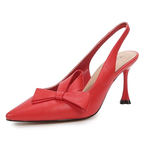 Women's Slingback Pump Shoes Handmade Flower Bows Stiletto Club Heel Pointed Toe Soft PU Leather Daily Dress Shoes