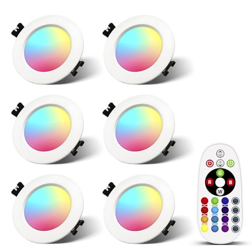 FWoche Faretti LED da Incasso 7W, Foro 60mm RGB Rotondi con Telecomando IR Faretto da Soffitto RGBW WW CW 230V Dimmerabile Cambia Colore Lampada da Incasso a LED in Alluminio piatto (Pacco da 6)