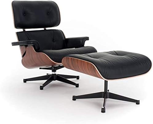 High End Replica Lounge Chair and Ottoman Set, Black, Mid-Century Modern Classics by DECORIFIC NYC (Aniline Leather, Palisander Wood, Steel Base)
