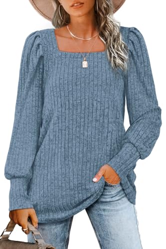 Image of WIHOLL Long Sleeve Shirts for Women Trendy Casual Square Neck Tops Lightweight Sweaters
