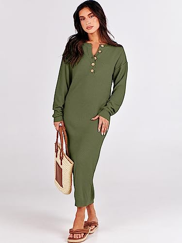 Image of ANRABESS Women Long Sleeve Button V Neck Oversized Casual Loose Fit Waffle Knit Fall Midi Sweater Dress 2026 Trendy Outfits