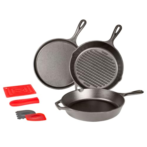 Image of Lodge Cast Iron Set - 7-Piece Set - Pre-Seasoned Kitchen Essentials Set - Skillet, Griddle & Dutch Oven Included - PFAS-Free Non-Toxic Cookware