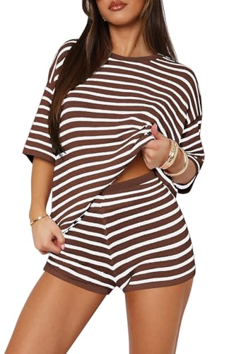 Yousify Two Piece Workout Sets for Women Crew Neck Striped
