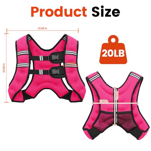 Poudee Weighted Vest, 20LB Weight Vest for Men Women, Body Weight Vests Adjustable with Reflective Stripe for Strength Training, Running, Training Workout, Jogging, Walking - 20LB, PINK