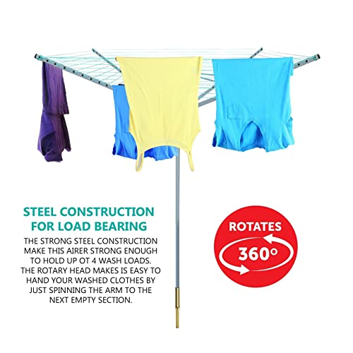 WALGREEN- 50m Rotary Washing Line- 4 Arm Design with Adjustable Height- Clothes Line for Efficient Drying- Outdoor Washing Line Spike with Ground Socket & Protective
