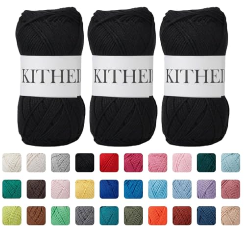 Image of Cotton Yarn,50% Cotton 50% Polyester-10.5oz,526yard,3 Pack ,Soft Yarn for Crocheting and Knitting (04 Black)