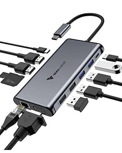 Image of Vaku Luxos USB Hub Type C AXON 12IN1 multiport USB 2.0 /3.0 High-Speed Adapter connector (5GBPS) data transfer Converter Extension, Type C PD Port, 4K HDMI, SD /TF Card Reader, VGA, Gigabit Ethernet Compatible with Macbook Air Pro (M1, M2 etc), iPad Pro Air, Laptop, and Other Type C Mobile & Devices