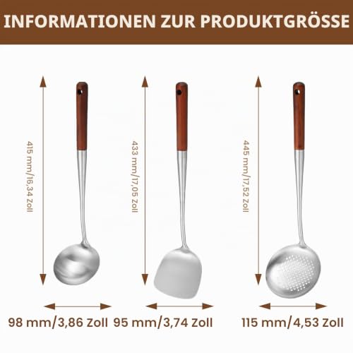 Foto von 3 Stück Edelstahl Wok Spatel Set, Hitzebeständiger Holzgriff Wok Utensilien Professionelles Schaumlöffel Aus Edelstahl Woks Pfannenwender und Schöpflöffel (445, 415 und 433 mm)