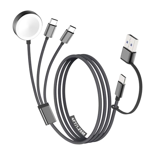 Travel Essentials for Apple Watch Charger, Multi Charging Cable for iPhone Charger, 3 in 2 USB C Cable Cord Compatible with iPhone 17-15 Series/iWatch Ultra/10-1/Galaxy S25-20, iPad-Black,4FT