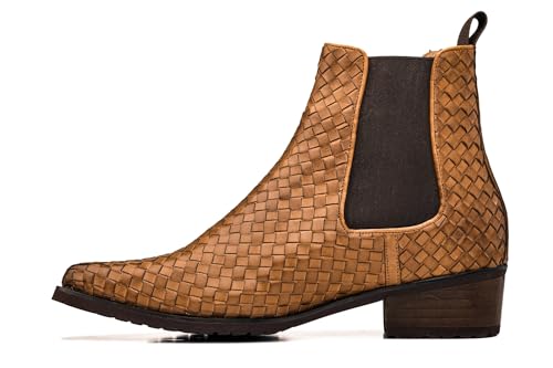 Image of CALTO Men's Invisible Height Increasing Elevator Shoes - Brown Premium Leather Woven Slip-on Chelsea Ankle Boots - 3.3 Inches Taller - K30522 - Size 7.5 D(M) US
