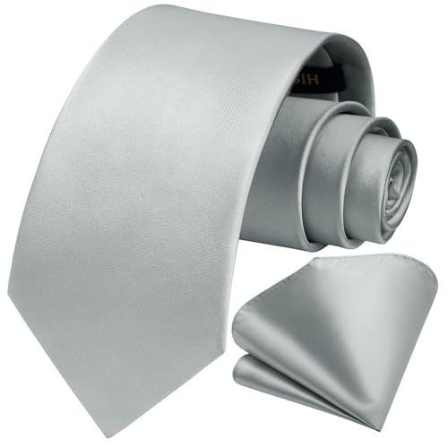 Image of HISDERN Mens Solid Color Ties Formal Satin Necktie and Pocket Square Set Classic Wedding Business Tie & Handkerchief