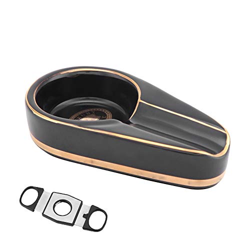 Acouto Zigarettenaschenbecher, tragbarer Mini-Keramik-Zigarettenaschenbecher Cinder Holder Cigar Ashtray Ceramic Ashtray + Free Cigar Cutter(schwarz)