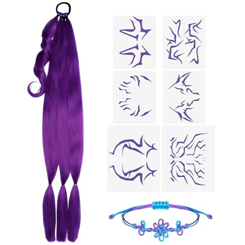 LEIMEND Lila Perücke Kinder Ru-mi Perücke für Kinder Lila Haare zum Einflechten mit Geflochtenes Armband Cosplay Idol Tattoos für Karneval Ostern Rollenspiele Kostümpartys Halloween und Festlichkeiten