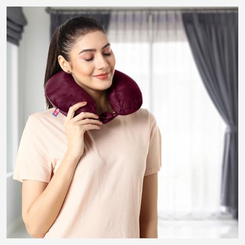 Image of Sassoon Memory Foam Travel Neck Pillow (Chestnut, Pack of 1) - Ergonomic Support, Soft Breathable Washable Cover, Lightweight with Carry Loop for Travel & Home