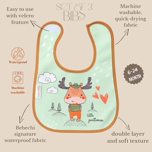 Bib for Baby Girls and Boys Aged 6-24 Months, Waterproof - Travel Companion - Wipeable Bibs - Baby Bibs for Eating(3 pack,deer)3
