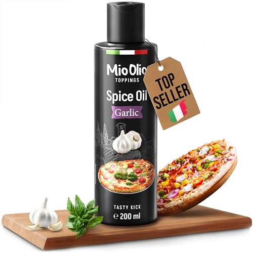 Mioolio 1x 200 ml de aceite de ajo - Aceite aromático para condimentar pizza, pasta, verduras y carne - Sin aceite de palma, sin conservantes y sin gluten - Con práctico dosificador