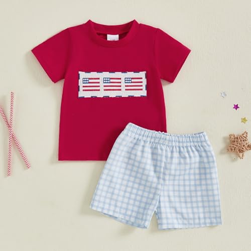 Image of 4th Of July Toddler Boy Outfit Popsicle American Flag T-Shirt and Gingham Plaid Shorts Set Independence Day Clothes