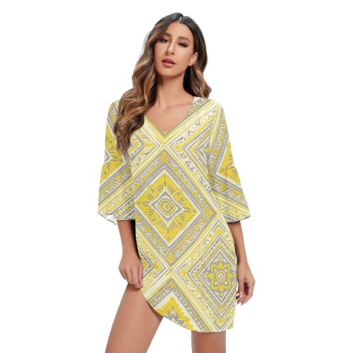 Robe trapèze en mousseline de soie à col en V et motif aztèque pour femme
