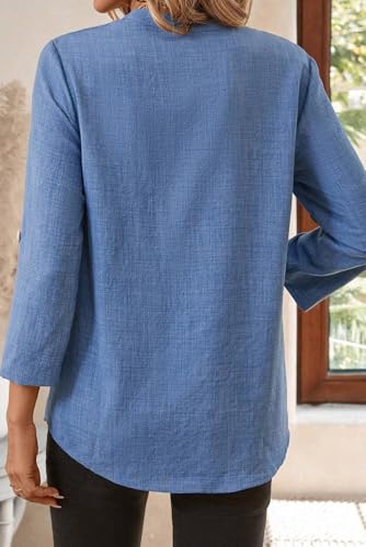 Ashleigh Blue Solid Color Notched V Neck Blouse with Roll-Up 3/4 Sleeves2