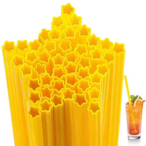 Potchen 50 Pcs Star Shaped Plastic Straws Disposable Drinking Straw Bulk for Birthday Cocktail Spring Party Daily Party Supplies (Yellow)