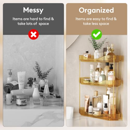 Image of Lifewit 3-Tier Corner Bathroom Counter Organizer, Plastic Makeup Skincare Organizers Storage Countertop, Large Sink Cosmetic Perfume Shelf for Bedroom, Dresser, Kitchen, Vanity, Gold, 25 cm /10inch(H)