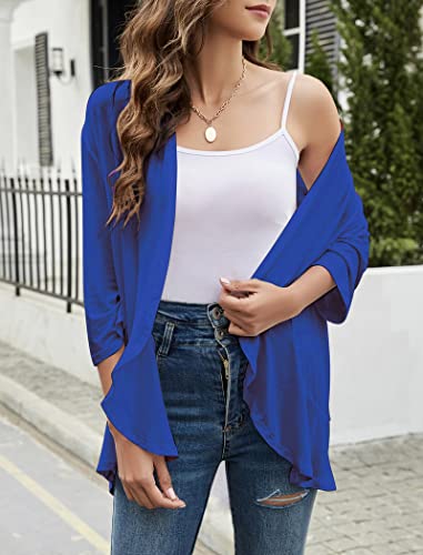 Image of Yekaty Women Cardigan 3 /4 Sleeves Open Front Lightweight Cardigan Draped Ruffles Knit Cardigan