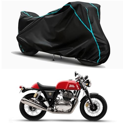 Image of Waterproof Bike Body Cover Compatible For | Royal Enfie Continental GT 650 Rocker | Taffeta Fabric, Sky Piping Design, Bottom Elastic Fit | Dustproof, Sun UV & Rain Protection for All Weather.