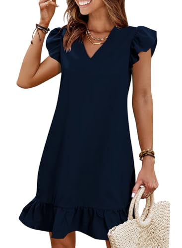 Image of QACOHU Spring Summer Dresses for Women 2026 V Neck Cap Sleeve Ruffle Hem Smock Short Casual Beach Dress
