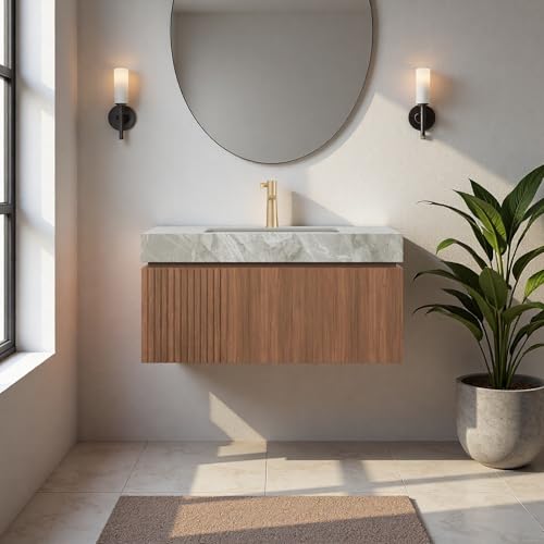 Image of 36 inch Bathroom Vanity with Sink, Wall-Mounted Plywood Bathroom Storage Cabinet with Ceramic Basin & Sintered Stone Countertop, Modern Pre-Assembled Floating Vanity with Drawer & Door, Brown Oak