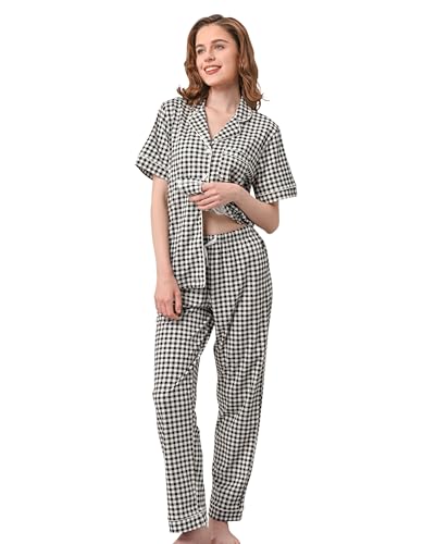 Image of NAP BOUND 100% Cotton Women Pajama Sets Button Down Short Sleeve Sleepwear Soft Pjs 2 Piece Lounge Set with Pocket XS-XXL