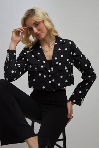 Image of VIRGIO Women's Polka Dot Crop Blazer - 100% Cotton Tailored Fit Cropped Jacket, Lightweight Breathable Cotton Blazer for Women, Casual Wear, Office Wear, Stylish Layering Piece