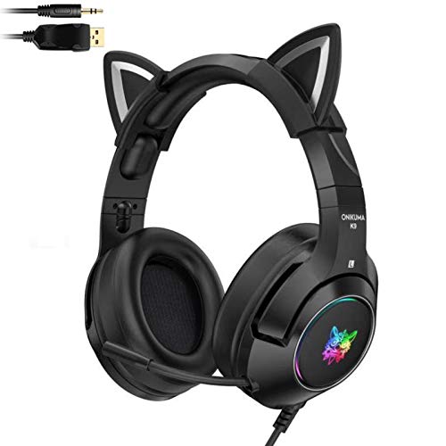 JINQII Gaming Headphones with Mic, 3.5MM Sound Detachable Cat Ear Headphones, RGB Luminous Mobile Phone Computer Noise Reduction Headset