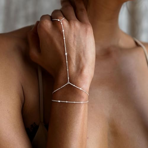 Image of Hand Chain Bracelet for Women Trendy, Dainty Silver Beaded Finger Ring Bracelet Non Tarnish Minimalist Adjustable Simple Cute Silver Bracelets Waterproof Fashion Jewelry