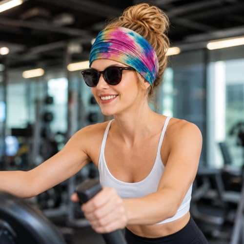Image of DAZZLIQ Chic Tie-Dye Bandanas for Women Soft Wide Headband Workout Hair Band Sweat-Proof Gym Headband Cloth Hairband for Women Hair Scarf Running Yoga Sports (Mix Boho), Multi-Coloured, Microfiber