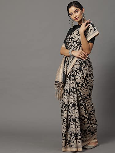 Image of AKHILAM Women's Bhagalpuri Silk Checkered Printed Tant Saree with Unstitched Blouse Piece