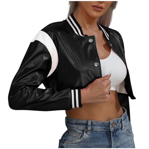 Women's Cropped Faux Leather Jackets Short Bomber Motorcycle Coats Colorblock Crop Moto Biker Jacket Trendy Clothes4