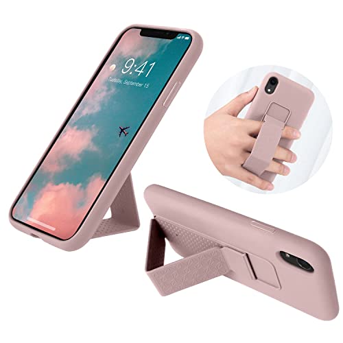 Laudtec Silicone Kickstand Case Compatible With Iphone Xr Case Vertical And Horizontal Stand Hand Strap Metal Kickstand, Flexible Soft Liquid Silicone Stand Case For Iphone Xr (Light Pink) #TOP7