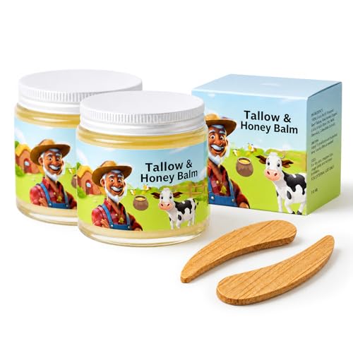 DSQWJHC Tallow and Honey Balm for Face Handmade Balm for Women and Men New Zealand Grass-Fed Tallow and Wild Honey Low Temperature Rendered and Multi-Filtered Set with 2 Bamboo Scoops (2 SET)