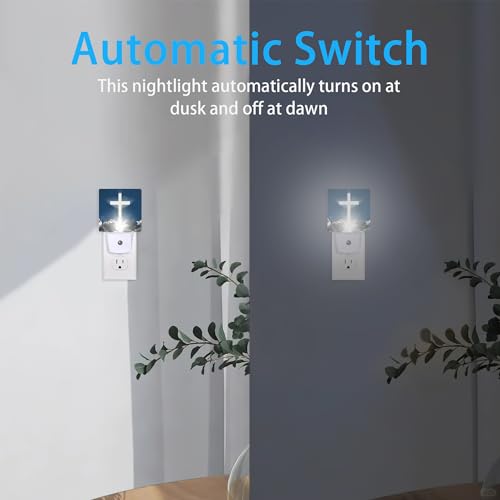 Image of Blessed Night Light,White Cross in Heaven Night Lights Plug into Wall Dusk to Dawn Sensor Led Lamp for Women Men,Led Lights for Stairway /Hallway /Bedroom,0.5W
