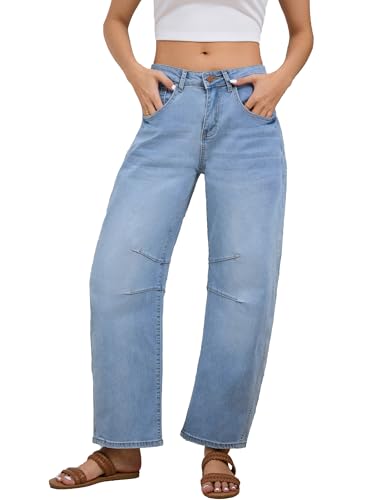 Women's Barrel Jeans Wide Leg Vintage Mid Rise Y2k Baggy Boyfriend Denim Pants Light Blue Small3