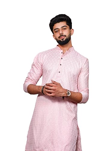Image of ALMORA Men's Embroidered with Thread Work and Cotton Blend Only Slim Fit Kurta for Men