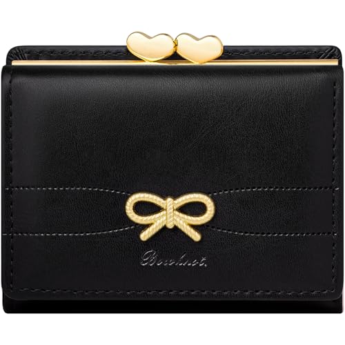 Image of YINHEXI Small Bow Wallet for Women with RFID Blocking - Tri-fold PU Leather Card Holder, Coin Pocket & Heart ID Window, Cute Aesthetic Purse for Girls Teens (Bow Black)