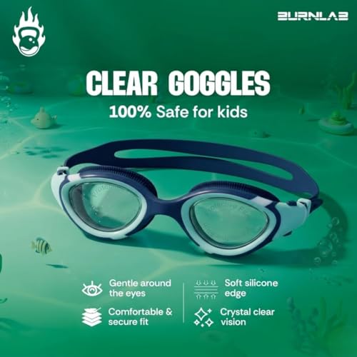 Image of BURNLAB Swimming Goggles for Kids, Clear Vision Pool Goggles for Boys & Girls, Easy Adjustable Strap (Tibetan and Blue Green)