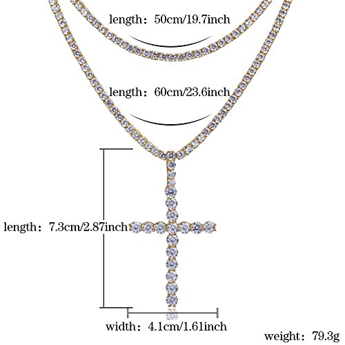 JINAO 18K Gold Plated Iced Out CZ Classic Ankh Nail Mini Cross Egyptian Pendant Necklace Hip Hop Jewelry for Men Women with Stainless Rope Chain, 7.3 CM(2.87 INCH) Length