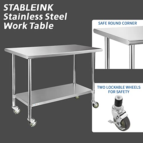 Image of STABLEINK NSF Stainless Steel Table with Wheels 60x24 Inches 5ft, Metal Prep & Work Table with Adjustable Undershelf, for Commercial Kitchen, Restaurant, Hotel, Laundry and Garage